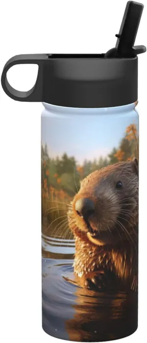 beaver working2 Print Flask Stainless Steel Water Bottle with Straw 18OZ FOR Outdoor Gym Commute