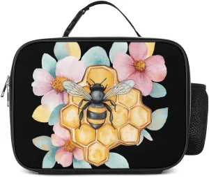 Bees Collecting Nectar from Flowers Lunch Bag for Women Cooler Bags Tote Meal Box with Side Pocket Large Detachable