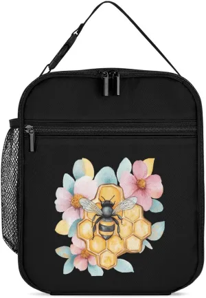 Bees Collecting Nectar from Flowers Portable Lunch Box Bag Insulated Tote Reusable Meal Pack Cooler Bags for Work Picnic 27.5X20cm