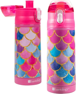 Bentology Stainless Steel 13 oz Reusable Water Bottle for Kids, Mermaid -Double Wall Insulated, Spill Proof Lid w/Built-in Straw- Keep Liquids Hot or Cold For Hours- Fits in Lunch Boxes & Bags
