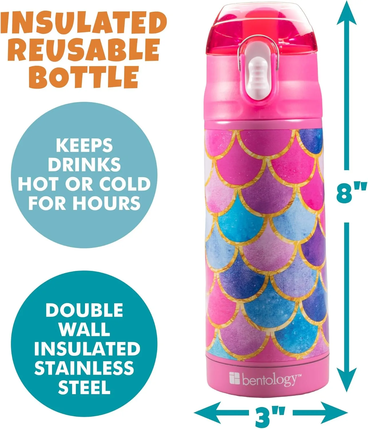 Bentology Stainless Steel 13 oz Reusable Water Bottle for Kids, Mermaid -Double Wall Insulated, Spill Proof Lid w/Built-in Straw- Keep Liquids Hot or Cold For Hours- Fits in Lunch Boxes & Bags