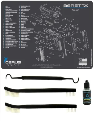 Beretta 92 5 PC EDOG Cerus Gear Schematic (Exploded View) Heavy Duty Pistol Cleaning 12x17 Padded Gun-Work Surface Protector Mat Solvent & Oil Resistant & 3 PC Cleaning Essentials & Clenzoil