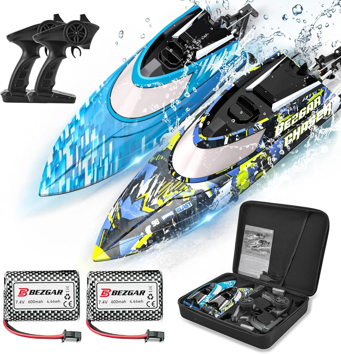 BEZGAR RC Boat, 2 Packs 12 inch Fast Speed RC Boat 30 KPH with A Portable Suitcase for Lakes & Pools & Salt Water, Summer Toys for Adults and Ideal Gifts for Kids Boys Age 6 7 8-12 Years Old - TX2P1