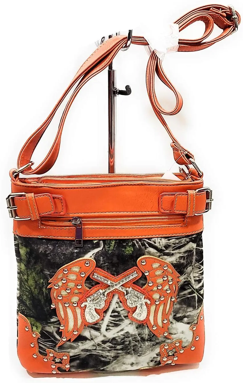 BHW Soft Camo Bling Gun Wings Concealed Carry Messenger Bag Rhinestone Purse Jp