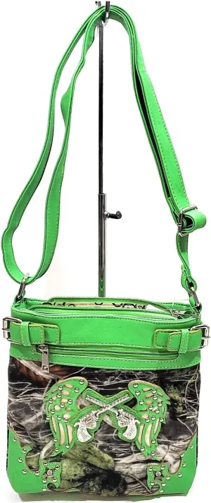 BHW Soft Camo Bling Gun Wings Concealed Carry Messenger Bag Rhinestone Purse Jp