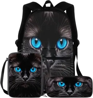 BIGCARJOB Kids Backpack and Lunch Box Set Black Cat Print Book Bags for Boys School 3 Pcs Animal Cat Print School Backpack Children Toddle Daypack Schoolbags Set with Pencil Bags