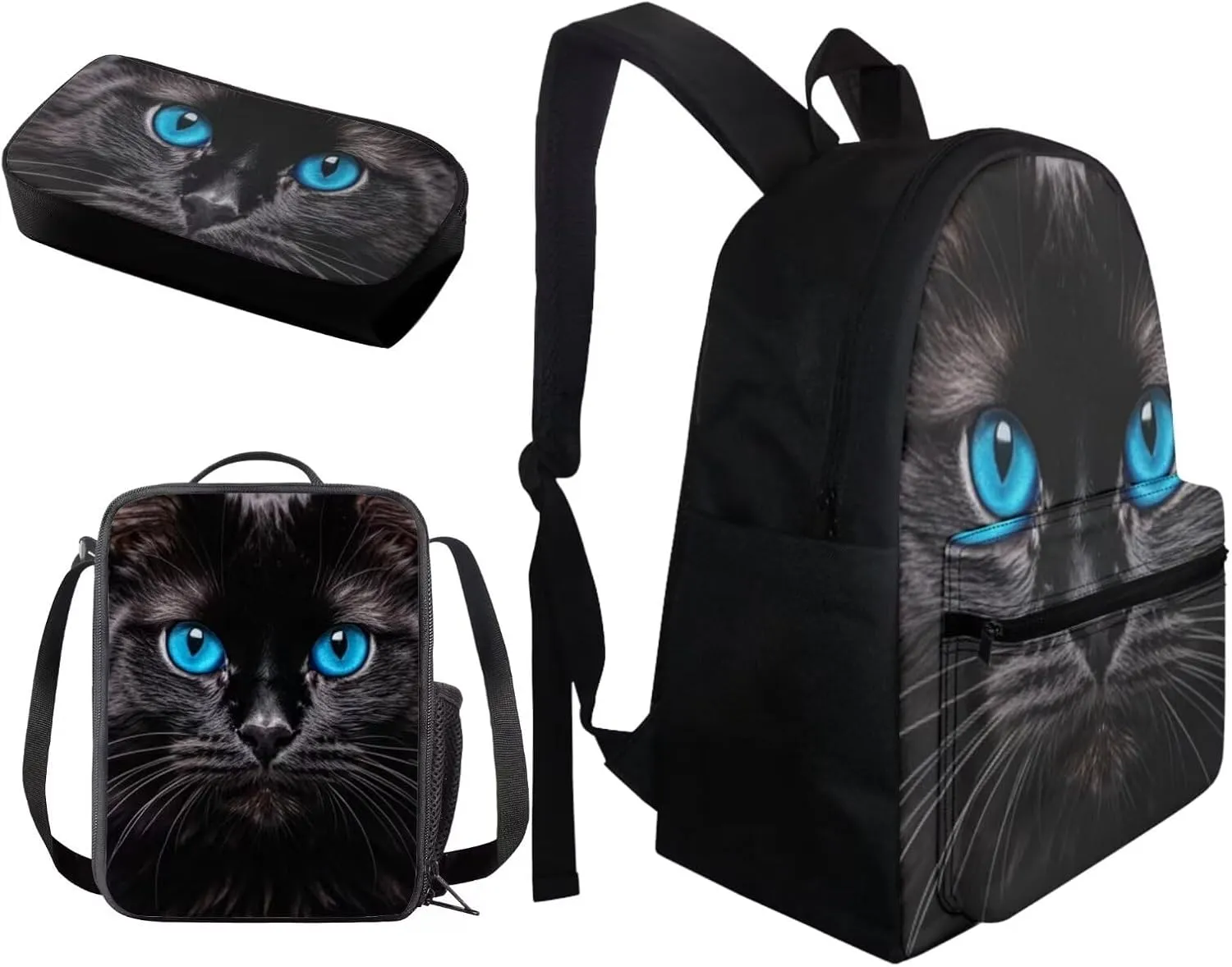 BIGCARJOB Kids Backpack and Lunch Box Set Black Cat Print Book Bags for Boys School 3 Pcs Animal Cat Print School Backpack Children Toddle Daypack Schoolbags Set with Pencil Bags