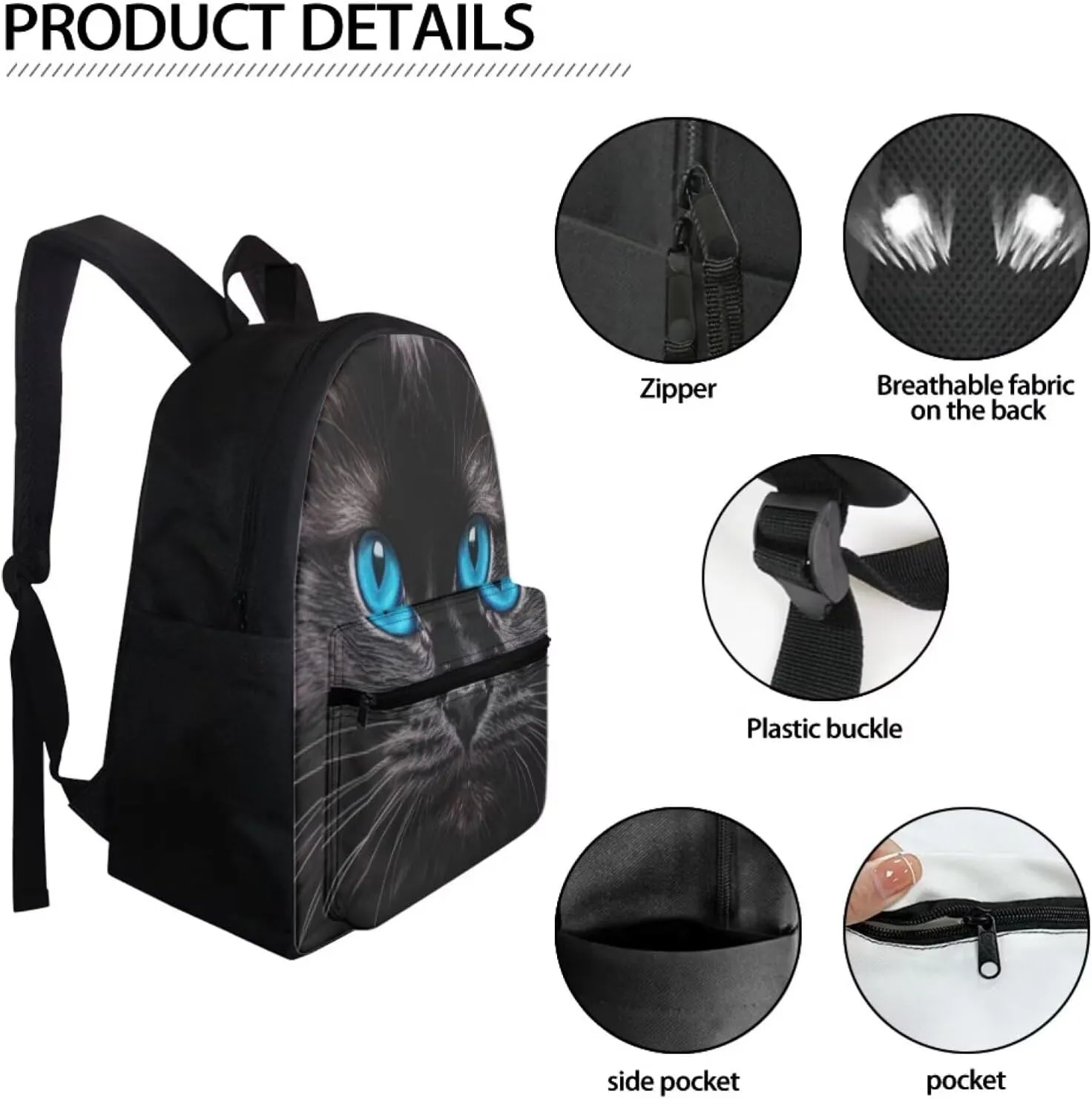 BIGCARJOB Kids Backpack and Lunch Box Set Black Cat Print Book Bags for Boys School 3 Pcs Animal Cat Print School Backpack Children Toddle Daypack Schoolbags Set with Pencil Bags