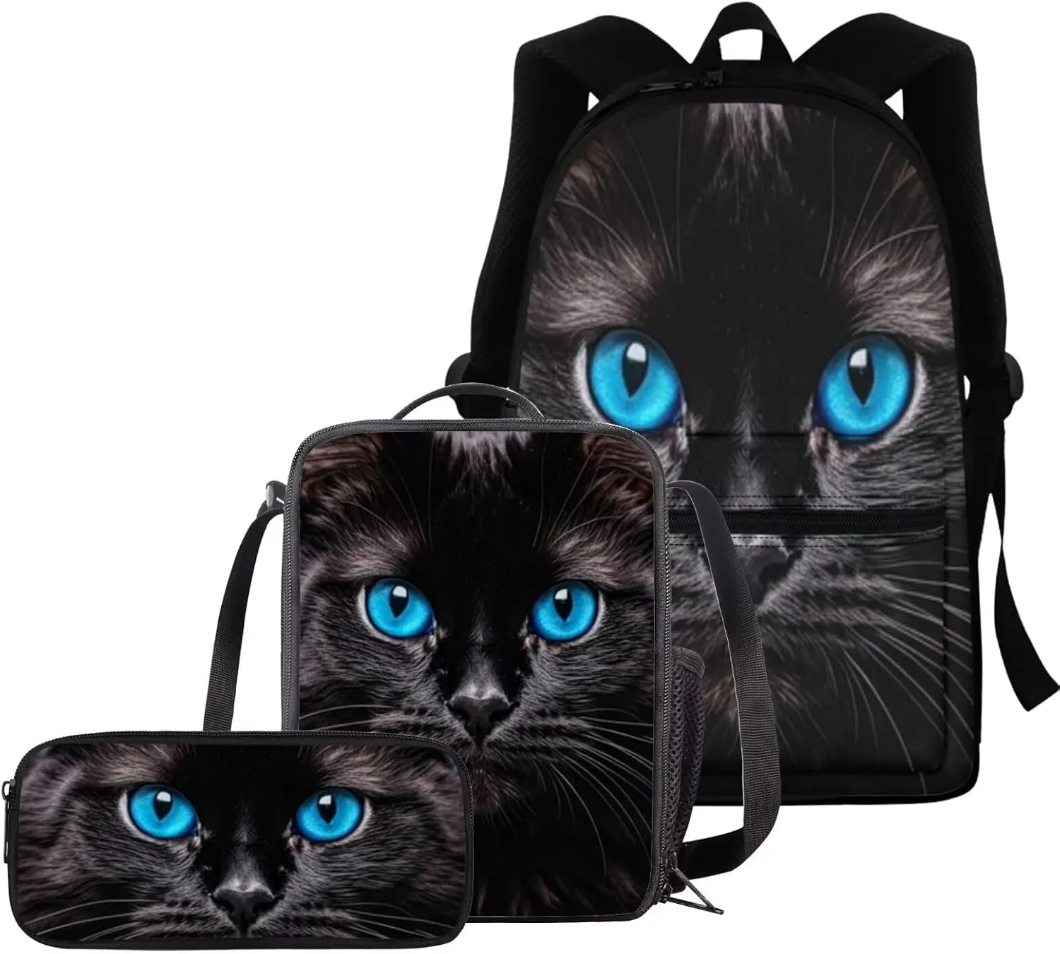 BIGCARJOB Kids Backpack and Lunch Box Set Black Cat Print Book Bags for Boys School 3 Pcs Animal Cat Print School Backpack Children Toddle Daypack Schoolbags Set with Pencil Bags