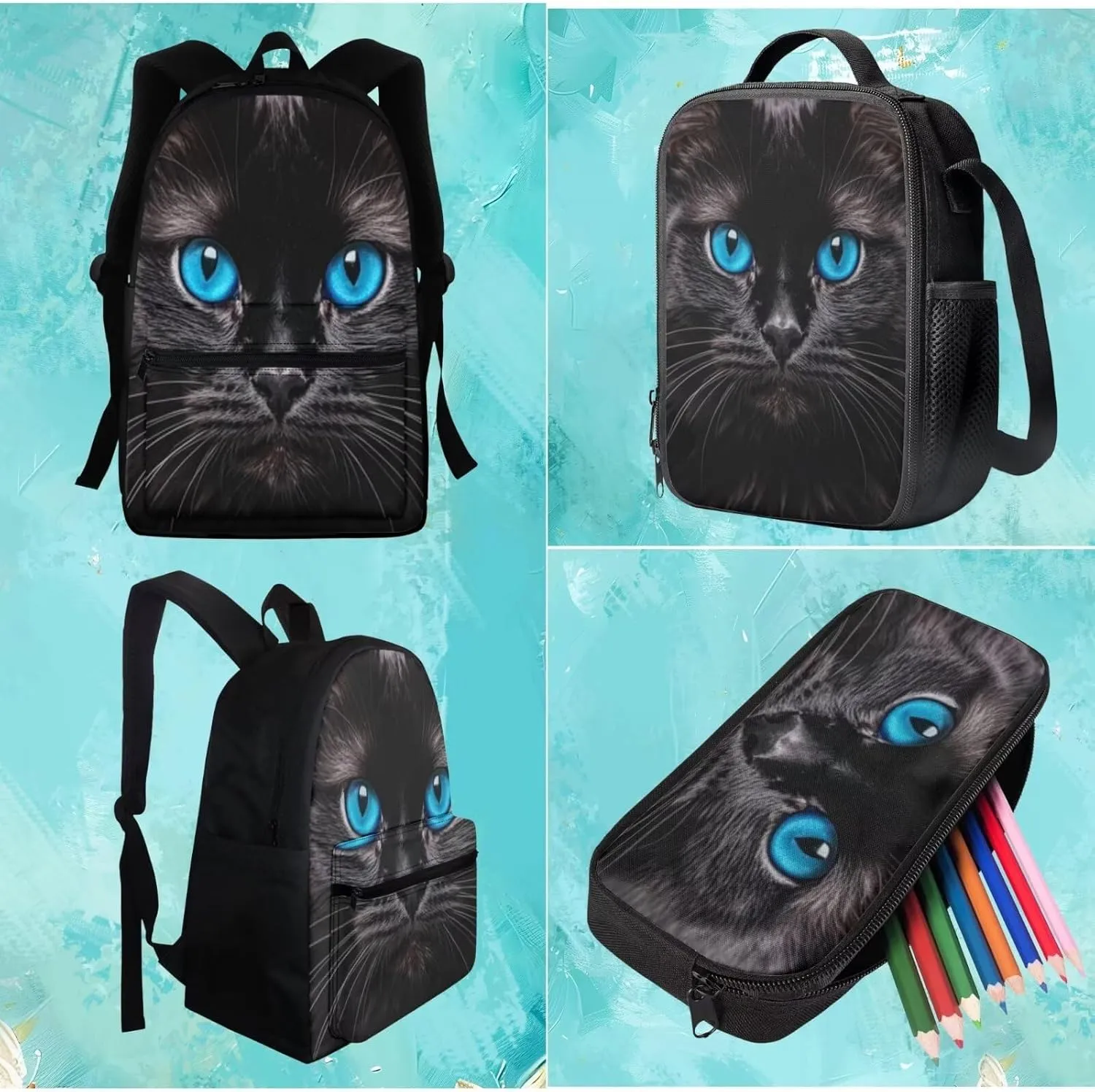 BIGCARJOB Kids Backpack and Lunch Box Set Black Cat Print Book Bags for Boys School 3 Pcs Animal Cat Print School Backpack Children Toddle Daypack Schoolbags Set with Pencil Bags