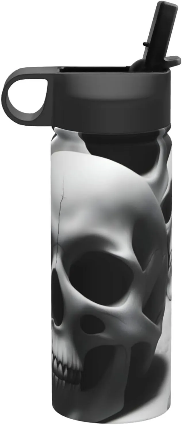 Black and white skulls Print Flask Stainless Steel Water Bottle with Straw 18OZ FOR Outdoor Gym Commute