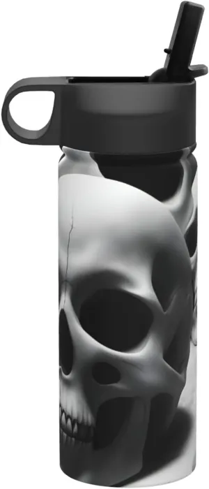 Black and white skulls Print Flask Stainless Steel Water Bottle with Straw 18OZ FOR Outdoor Gym Commute