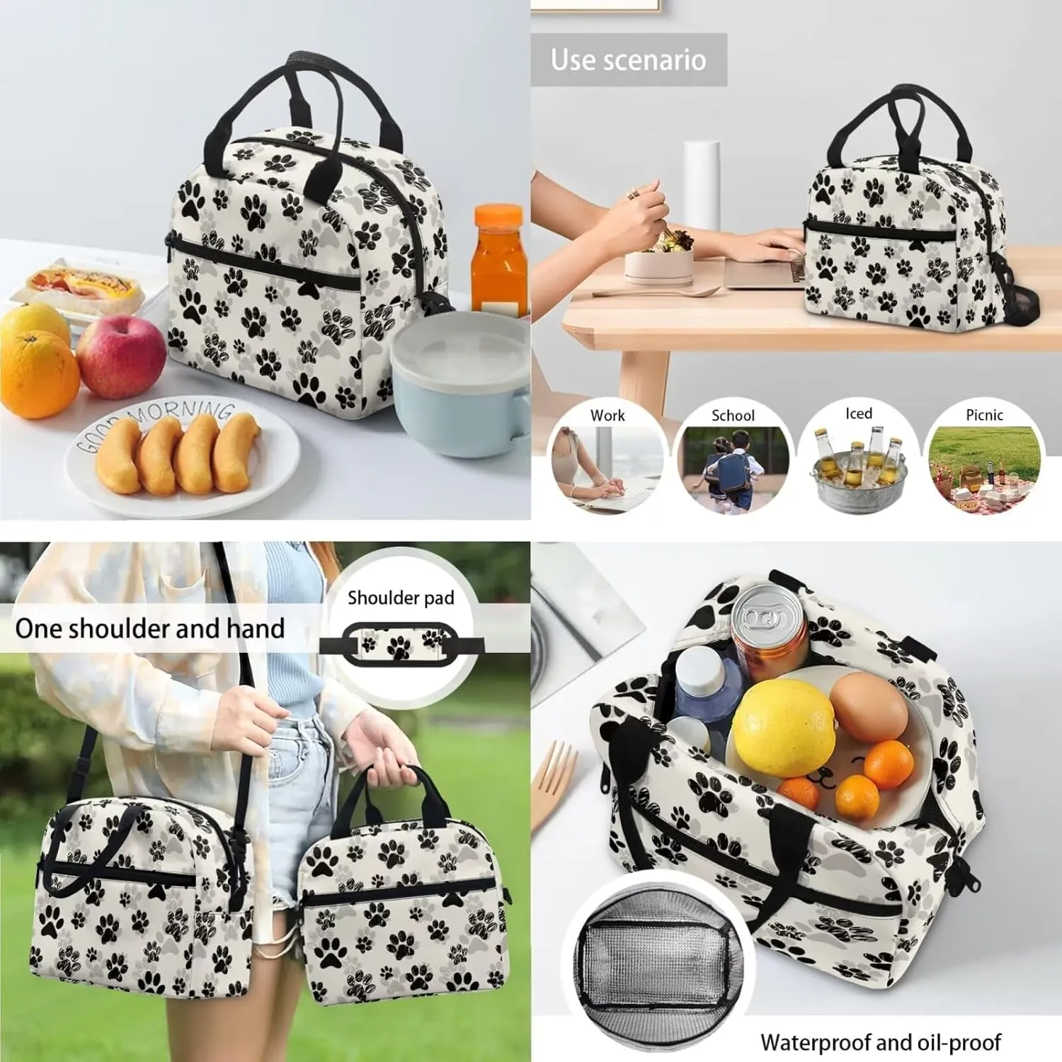 Black Dog Paw Backpack for Girls Boys Trendy School Backpack with Lunch Box Pencil Case and Bookmarks Kids Bookbag Daypack Novelty School Bags for Elementary Middle School