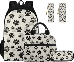 Black Dog Paw Backpack for Girls Boys Trendy School Backpack with Lunch Box Pencil Case and Bookmarks Kids Bookbag Daypack Novelty School Bags for Elementary Middle School