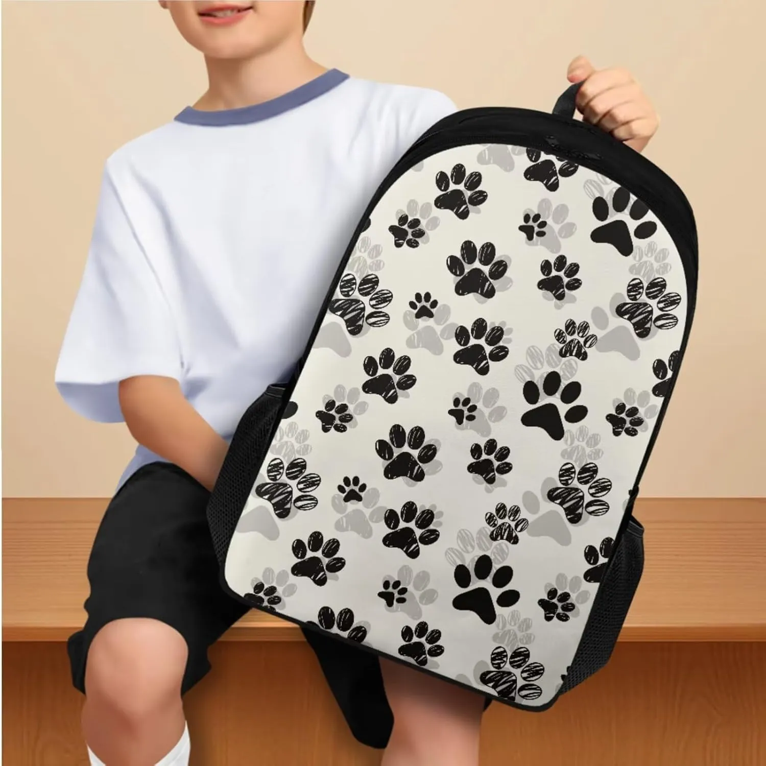 Black Dog Paw Backpack for Girls Boys Trendy School Backpack with Lunch Box Pencil Case and Bookmarks Kids Bookbag Daypack Novelty School Bags for Elementary Middle School