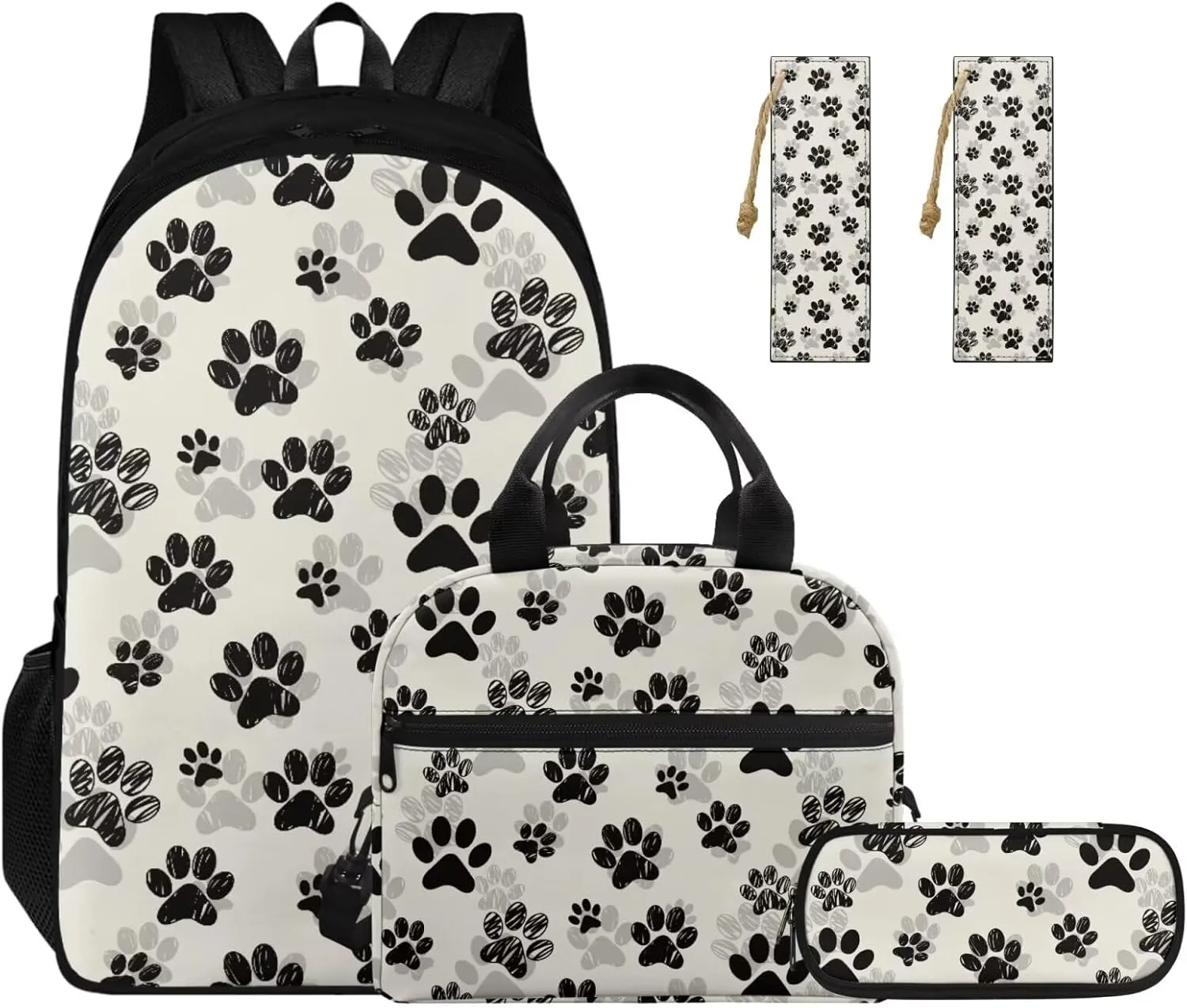 Black Dog Paw Backpack for Girls Boys Trendy School Backpack with Lunch Box Pencil Case and Bookmarks Kids Bookbag Daypack Novelty School Bags for Elementary Middle School