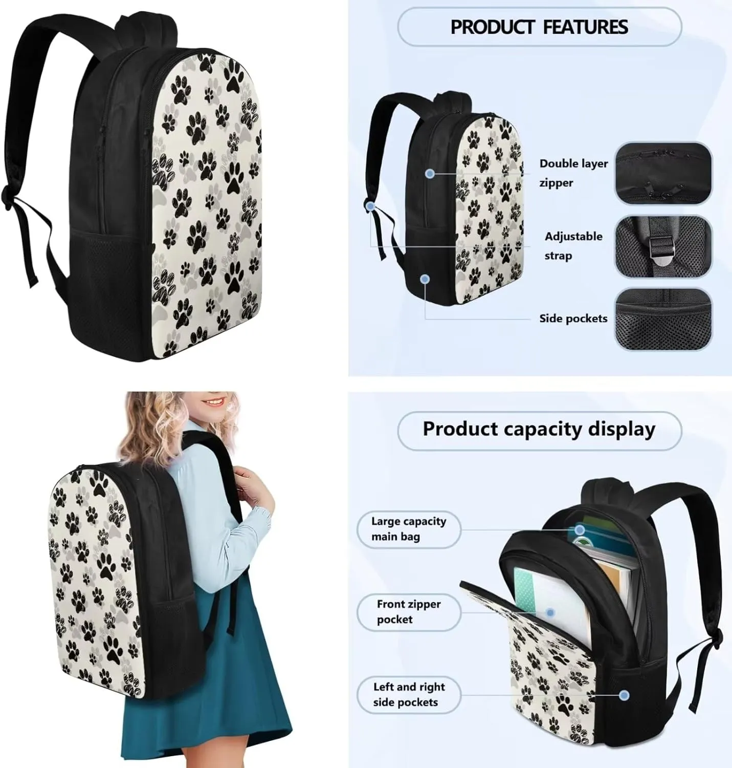 Black Dog Paw Backpack for Girls Boys Trendy School Backpack with Lunch Box Pencil Case and Bookmarks Kids Bookbag Daypack Novelty School Bags for Elementary Middle School