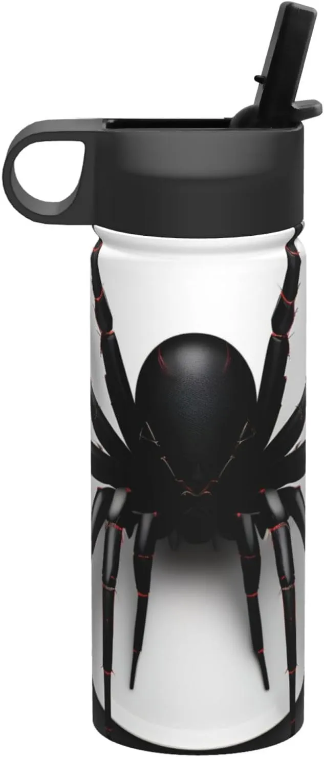 Black Spider Print Flask Stainless Steel Water Bottle with Straw 18OZ FOR Outdoor Gym Commute