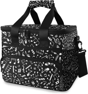 Black-white-musical-notation-pattern Large Insulated Lunch Bag for Women Men, Wide Opening Reusable Lunch Box for Office Picnic Hiking Beach, Leakproof Cooler Tote Bag with Adjustable Shoulder Strap f