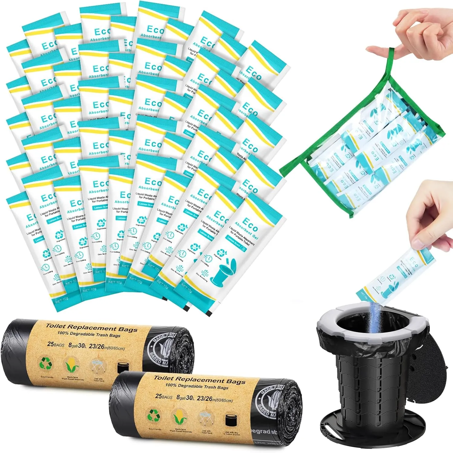 BLIKA Camping Toilet Bags Eco Absorbent Gel Set, Portable Toilet Bags with Gel, 8 Gallon, 30 Liter, Heavy Duty 1 Mil, Toilet Replacement Bags with Toilet Powder for Camping Outdoor Hiking