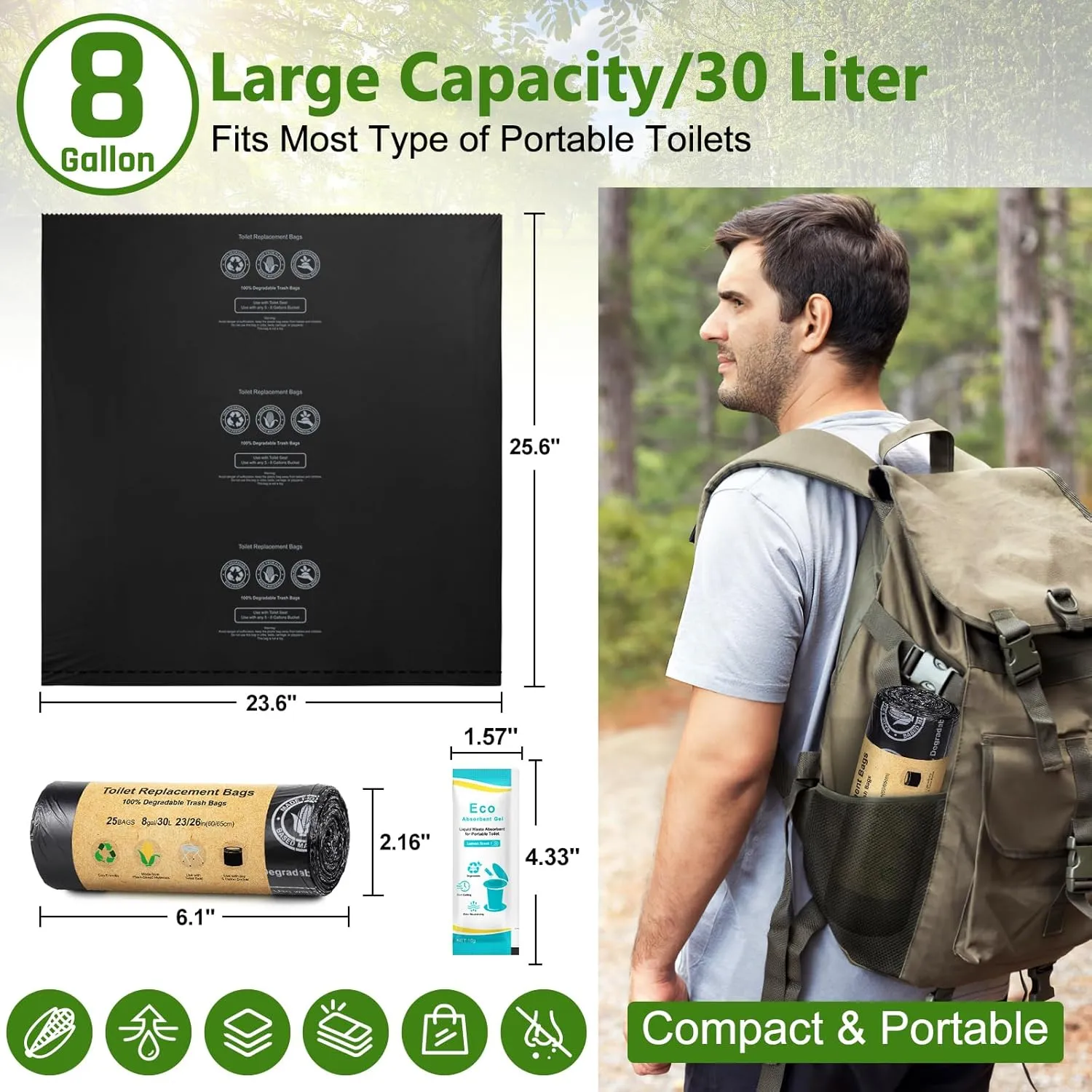 BLIKA Camping Toilet Bags Eco Absorbent Gel Set, Portable Toilet Bags with Gel, 8 Gallon, 30 Liter, Heavy Duty 1 Mil, Toilet Replacement Bags with Toilet Powder for Camping Outdoor Hiking