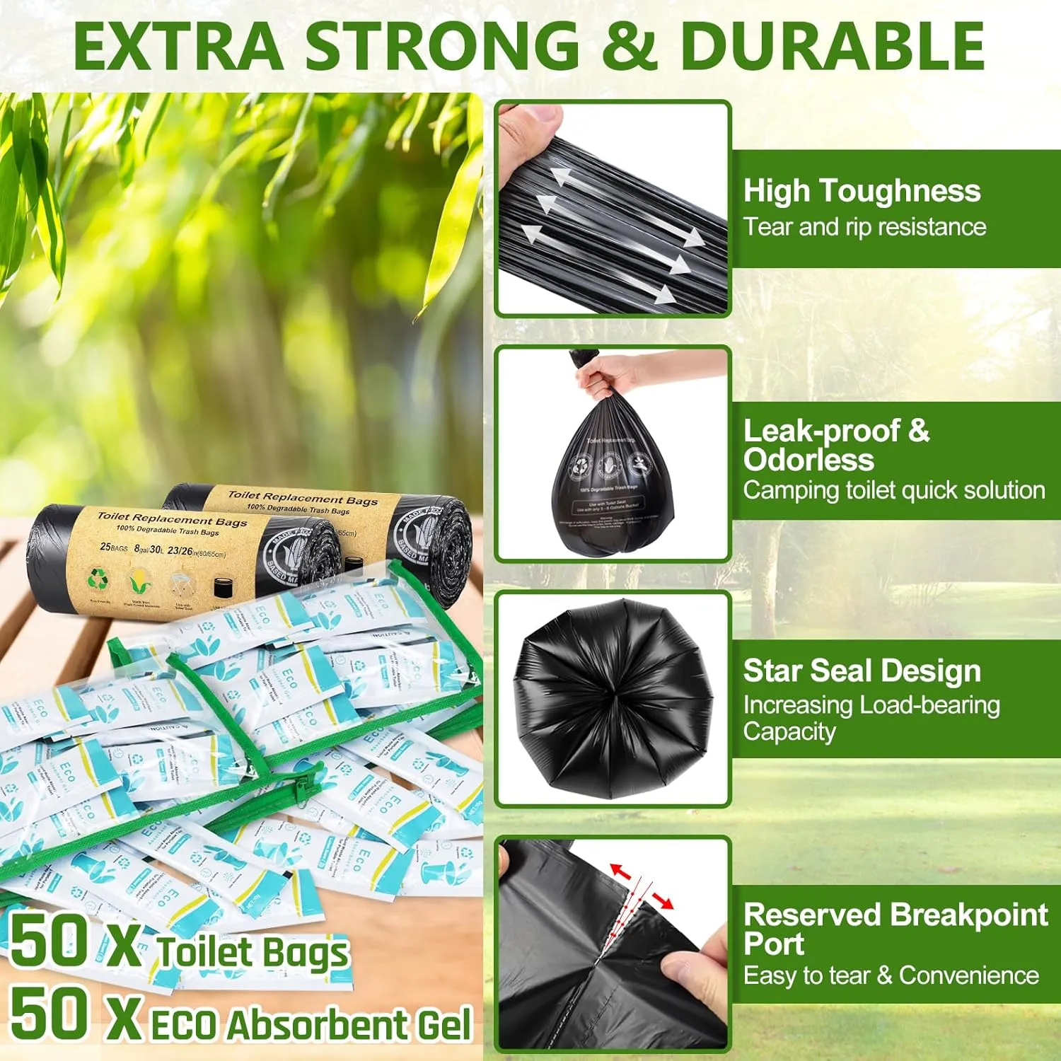 BLIKA Camping Toilet Bags Eco Absorbent Gel Set, Portable Toilet Bags with Gel, 8 Gallon, 30 Liter, Heavy Duty 1 Mil, Toilet Replacement Bags with Toilet Powder for Camping Outdoor Hiking