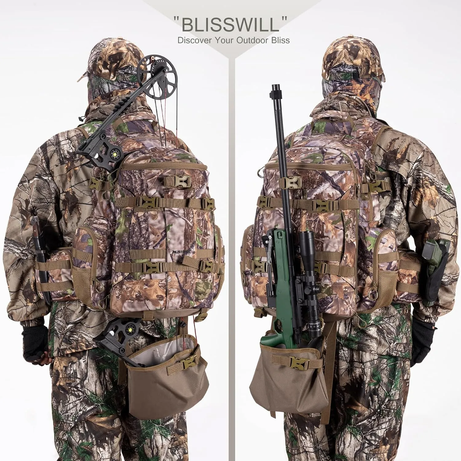 BLISSWILL Large Hunting Backpack with padded weapon compartment for Bow Rifle with Waterproof Rain Cover Hunting Gear Accessories 40L(Supercamo Timber)