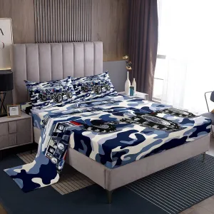 Blue Camo Truck Bedsheets Queen Size Watercolor Cartoon Off-Road Vehicle Bedding Set for Kids Boys Teens Adults Jungle Adventure Theme Western Style Sheet Set with Flat,Fitted Sheet,2 Pillowcases
