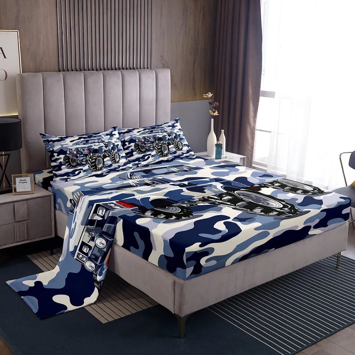 Blue Camo Truck Bedsheets Queen Size Watercolor Cartoon Off-Road Vehicle Bedding Set for Kids Boys Teens Adults Jungle Adventure Theme Western Style Sheet Set with Flat,Fitted Sheet,2 Pillowcases