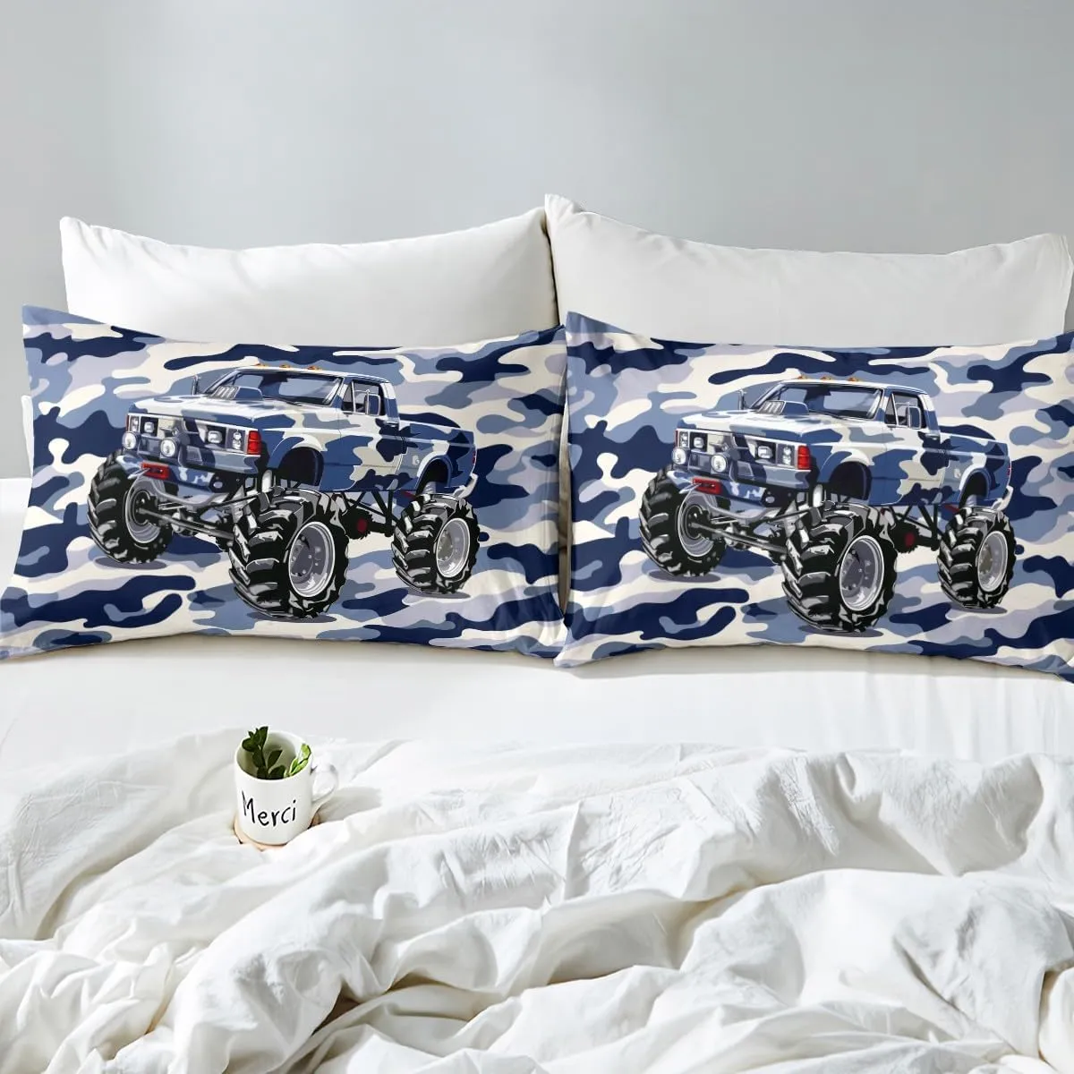Blue Camo Truck Fitted Sheet Queen Size 3 Pcs Watercolor Cartoon Off-Road Vehicle Bedding Set for Kids Boys Teens Adults Jungle Adventure Theme Western Style Bed Cover with 2 Pillowcases