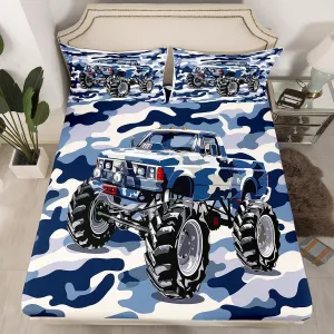 Blue Camo Truck Fitted Sheet Queen Size 3 Pcs Watercolor Cartoon Off-Road Vehicle Bedding Set for Kids Boys Teens Adults Jungle Adventure Theme Western Style Bed Cover with 2 Pillowcases