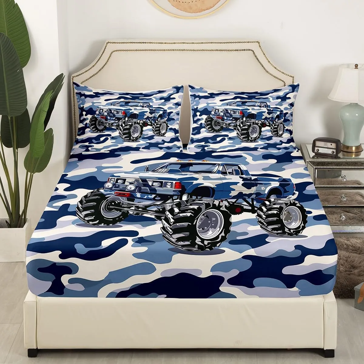 Blue Camo Truck Fitted Sheet Queen Size 3 Pcs Watercolor Cartoon Off-Road Vehicle Bedding Set for Kids Boys Teens Adults Jungle Adventure Theme Western Style Bed Cover with 2 Pillowcases