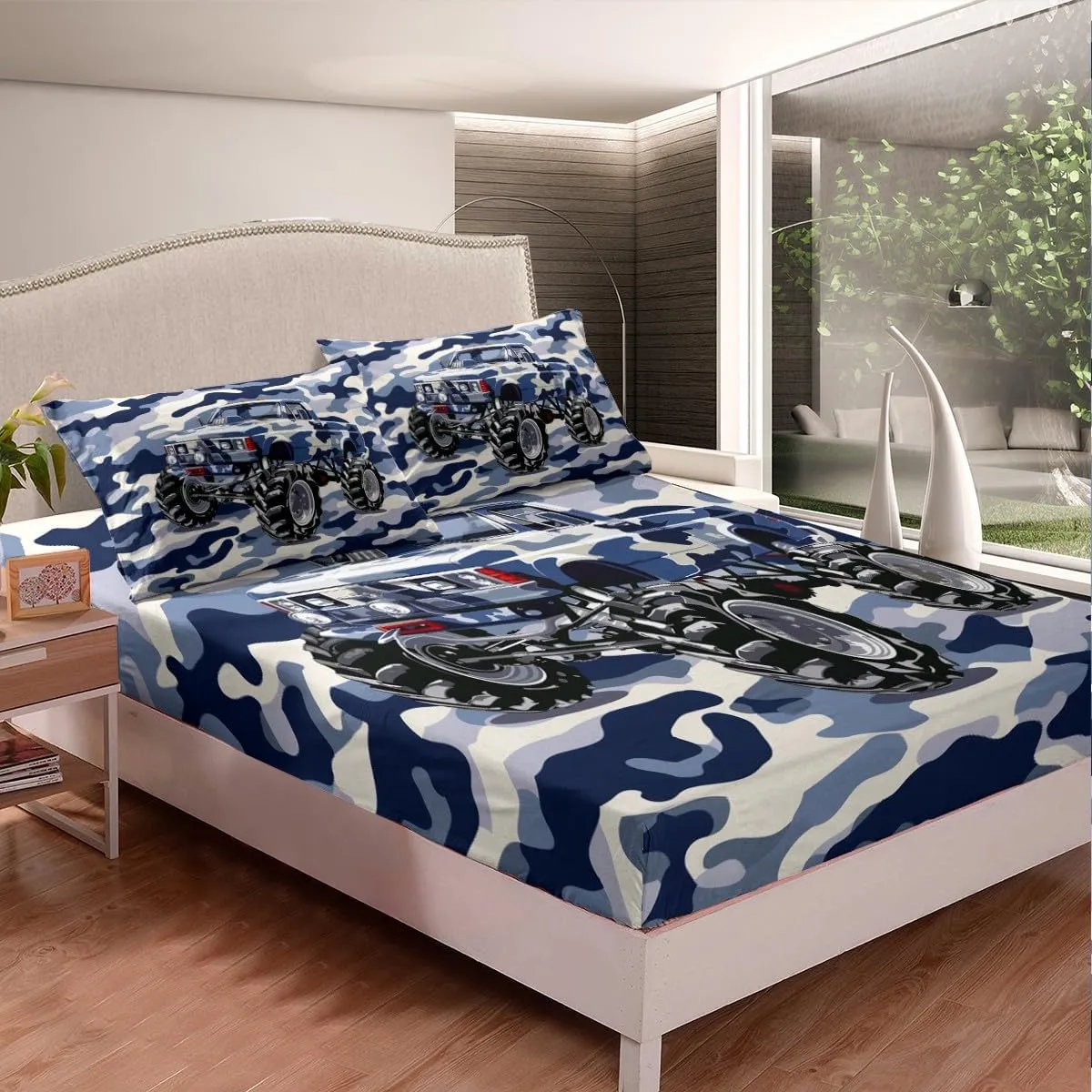 Blue Camo Truck Fitted Sheet Queen Size 3 Pcs Watercolor Cartoon Off-Road Vehicle Bedding Set for Kids Boys Teens Adults Jungle Adventure Theme Western Style Bed Cover with 2 Pillowcases