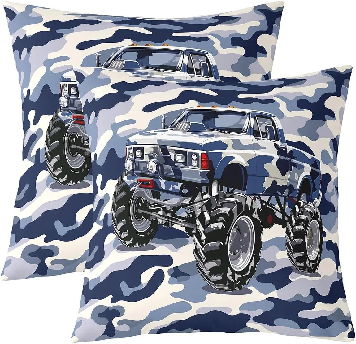 Blue Camo Truck Pillow Covers 18x18 Inch Set of 2 Watercolor Cartoon Off-Road Vehicle Cushion Cases for Kids Boys Teens Adults Jungle Adventure Theme Western Style Cushion Covers for Housewarming