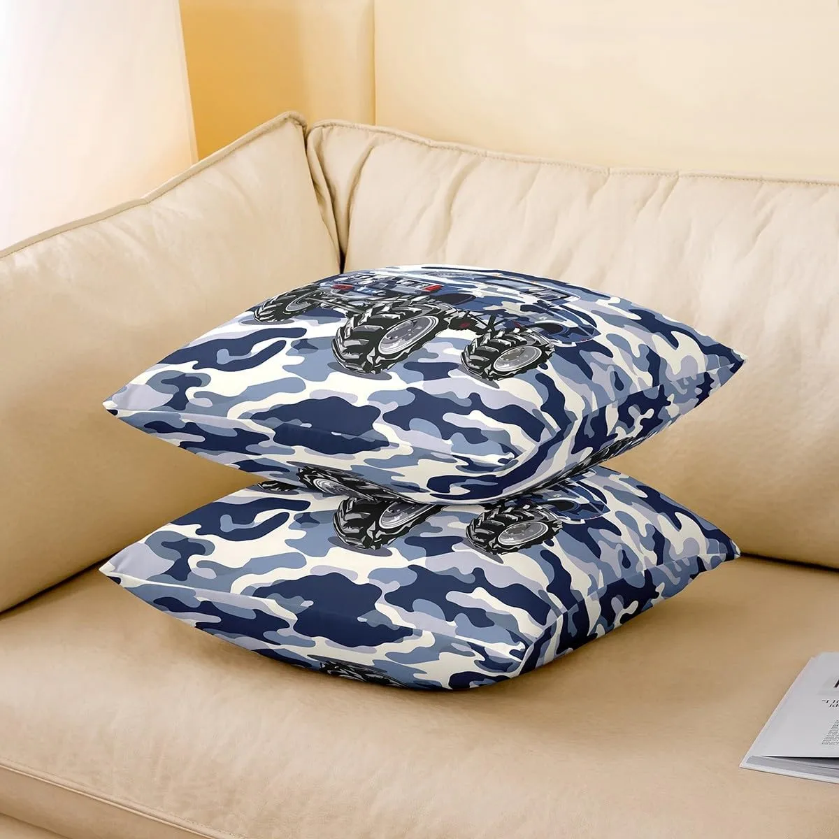 Blue Camo Truck Pillow Covers 18x18 Inch Set of 2 Watercolor Cartoon Off-Road Vehicle Cushion Cases for Kids Boys Teens Adults Jungle Adventure Theme Western Style Cushion Covers for Housewarming