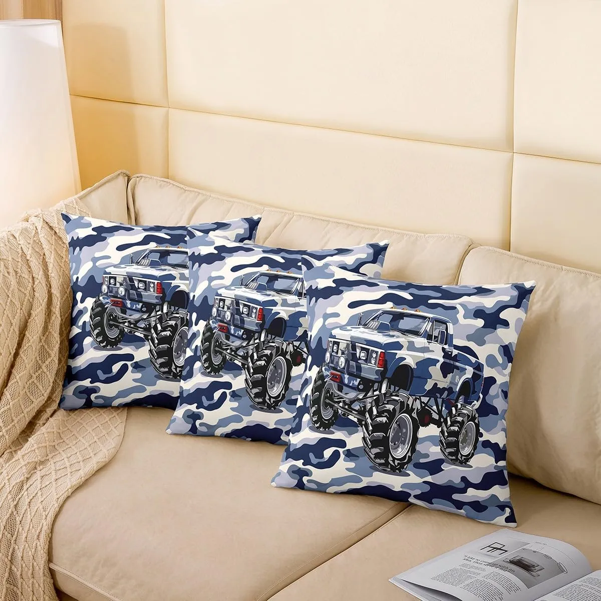 Blue Camo Truck Pillow Covers 18x18 Inch Set of 2 Watercolor Cartoon Off-Road Vehicle Cushion Cases for Kids Boys Teens Adults Jungle Adventure Theme Western Style Cushion Covers for Housewarming