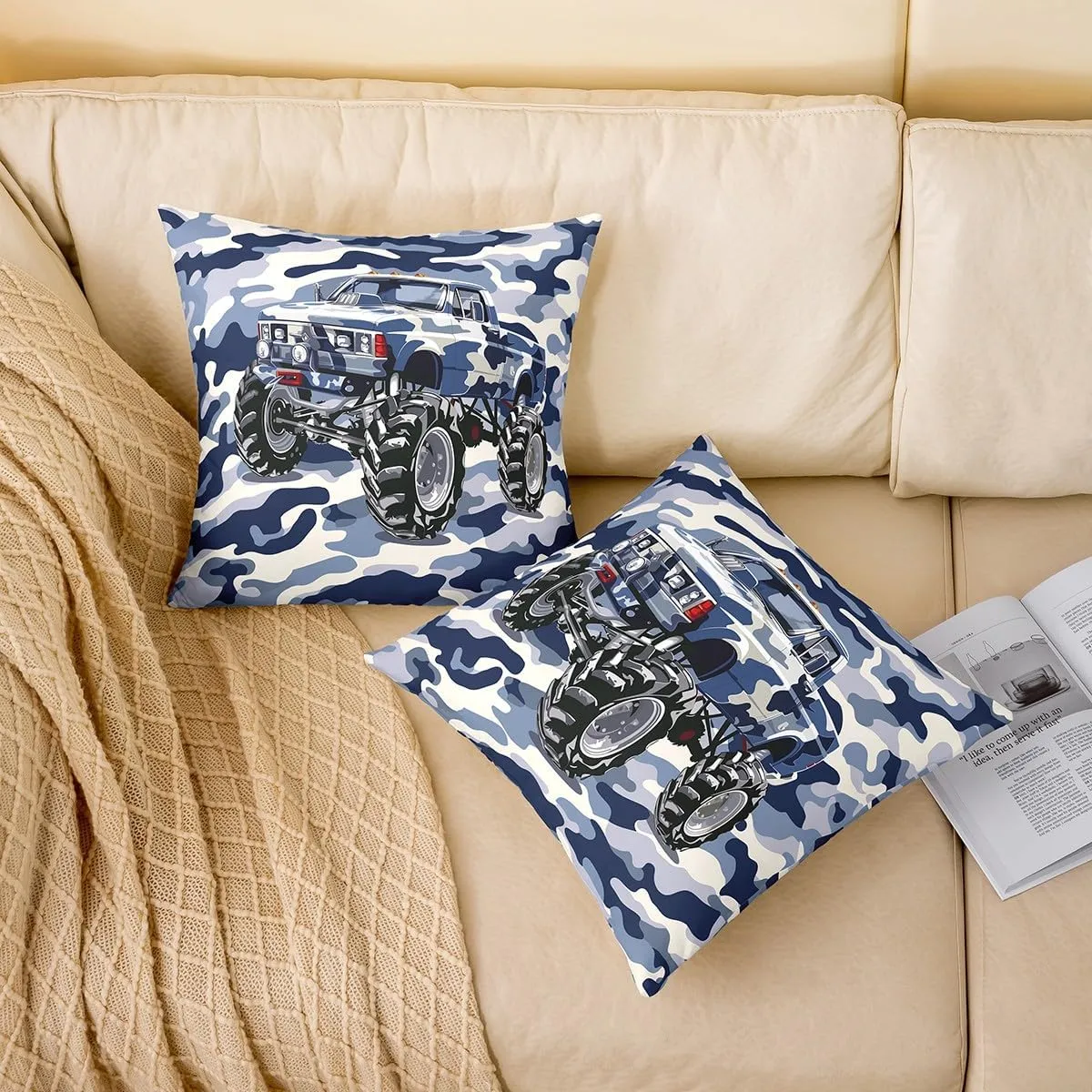 Blue Camo Truck Pillow Covers 18x18 Inch Set of 2 Watercolor Cartoon Off-Road Vehicle Cushion Cases for Kids Boys Teens Adults Jungle Adventure Theme Western Style Cushion Covers for Housewarming
