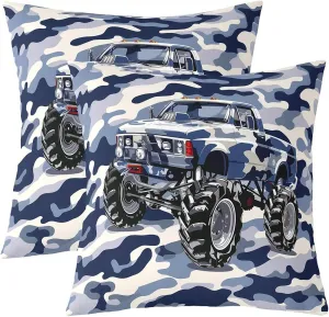 Blue Camo Truck Pillow Covers 18x18 Inch Set of 2 Watercolor Cartoon Off-Road Vehicle Cushion Cases for Kids Boys Teens Adults Jungle Adventure Theme Western Style Cushion Covers for Housewarming