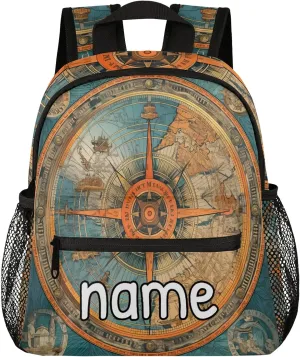 Blue Compass Painted Personalized Name Mini Backpack Waterproof Custom Casual Travel Small Backpacks with Zipper,12 Inch