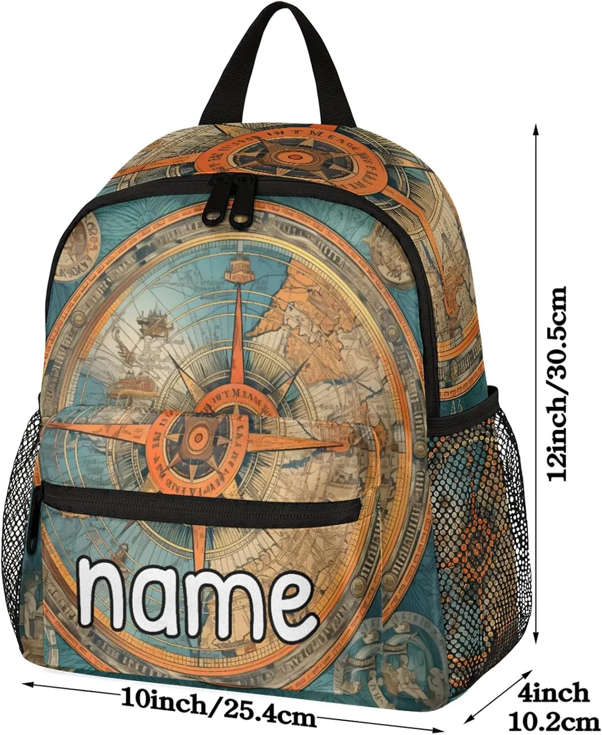 Blue Compass Painted Personalized Name Mini Backpack Waterproof Custom Casual Travel Small Backpacks with Zipper,12 Inch