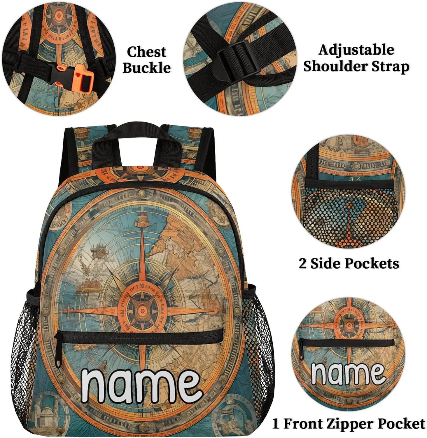 Blue Compass Painted Personalized Name Mini Backpack Waterproof Custom Casual Travel Small Backpacks with Zipper,12 Inch