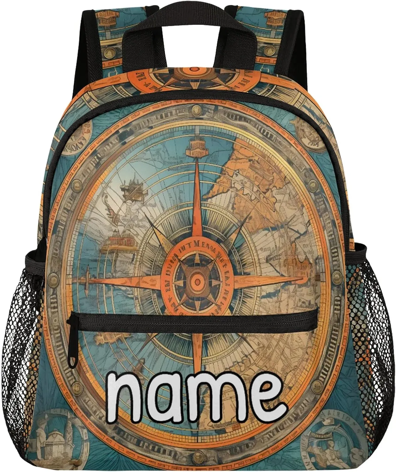 Blue Compass Painted Personalized Name Mini Backpack Waterproof Custom Casual Travel Small Backpacks with Zipper,12 Inch