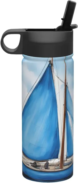 Blue Sailboat Print Flask Stainless Steel Water Bottle with Straw 18OZ FOR Outdoor Gym Commute