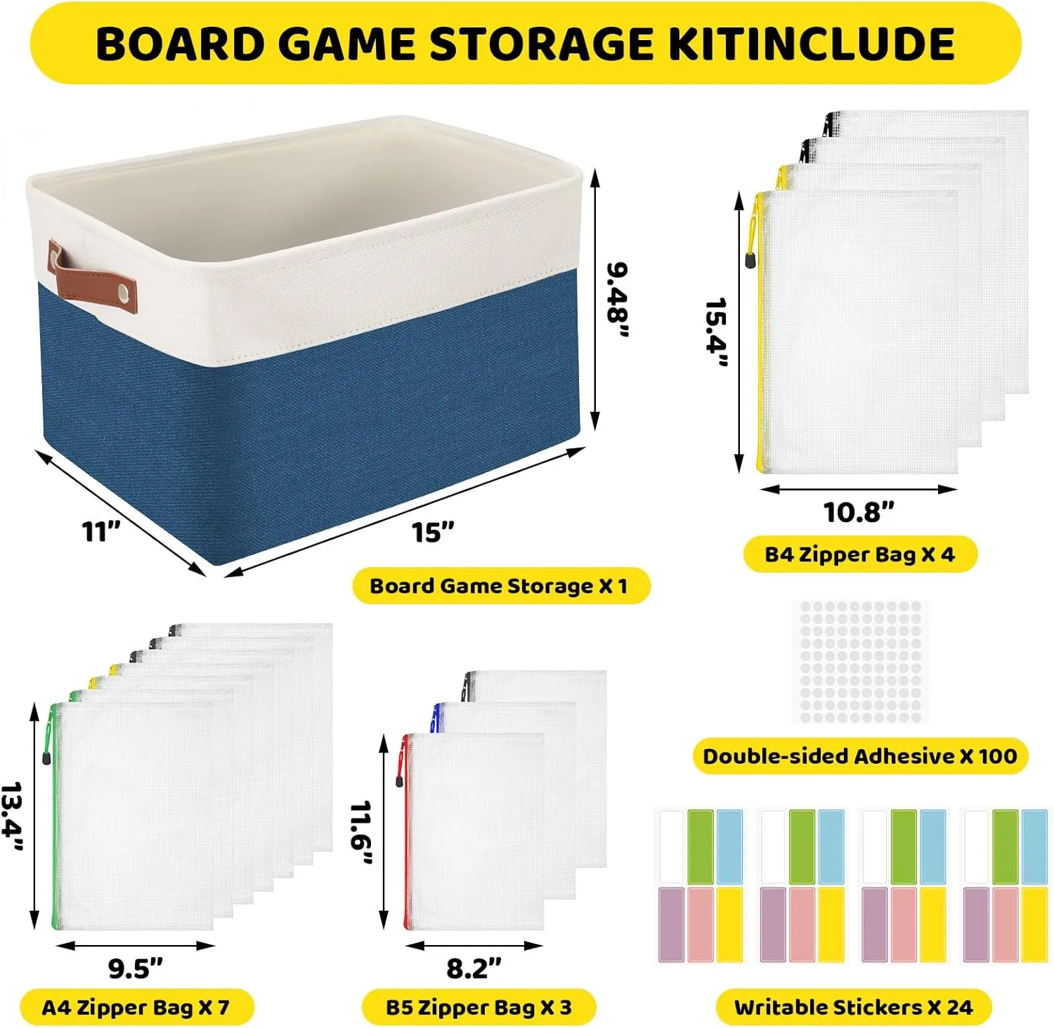 Board Game Storage Kit,Board Game Organizers and Storage Includes 14pcs Zipper Bags with DIY Stickers and Double-Sided Adhesive Dots,Board Game Bags for Puzzle Games Files Home Office(Blue)