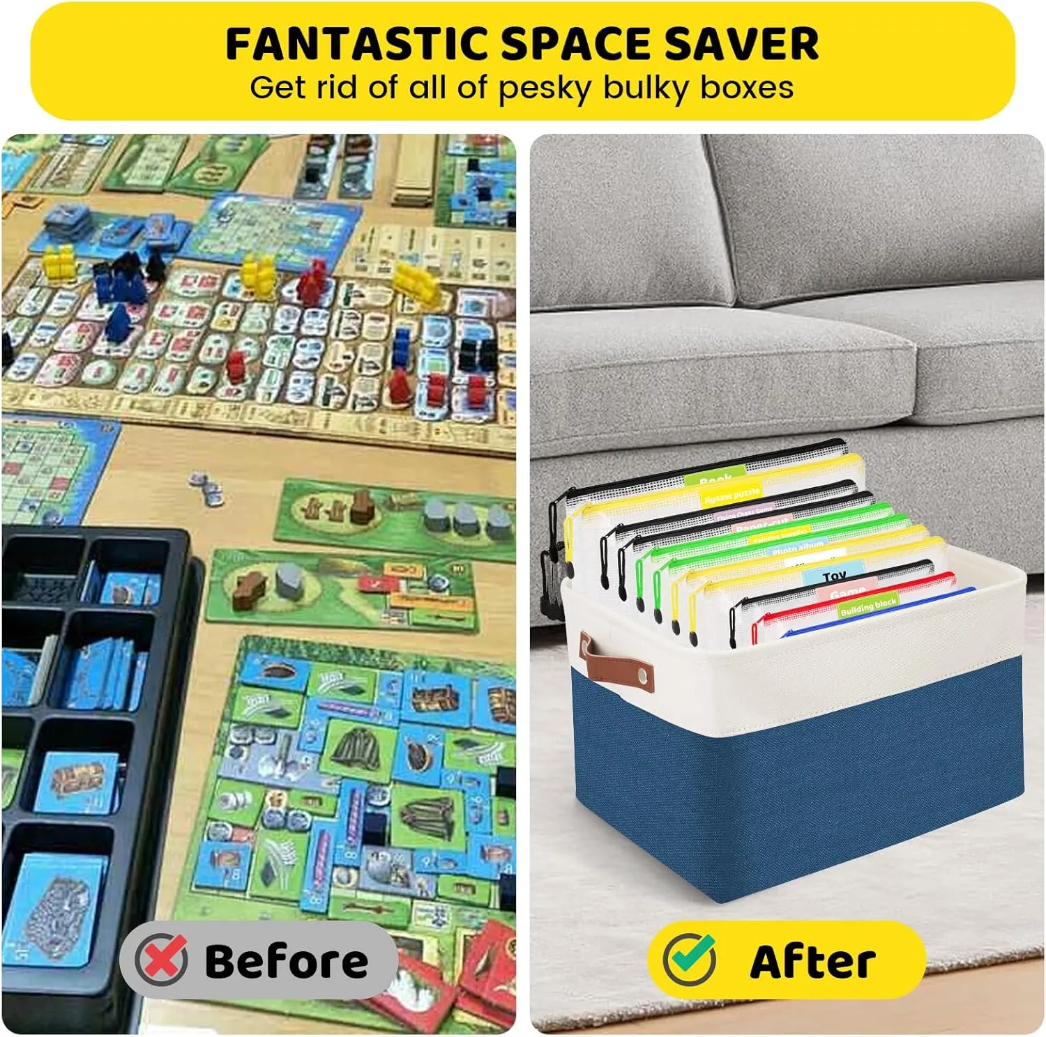 Board Game Storage Kit,Board Game Organizers and Storage Includes 14pcs Zipper Bags with DIY Stickers and Double-Sided Adhesive Dots,Board Game Bags for Puzzle Games Files Home Office(Blue)