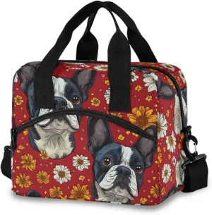 Boston Terrier Dog Flowers Insulated Lunch Box for Women Men Reusable Lunch Bag for Office Picnic Cooler Bags with Adjustable Shoulder Strap