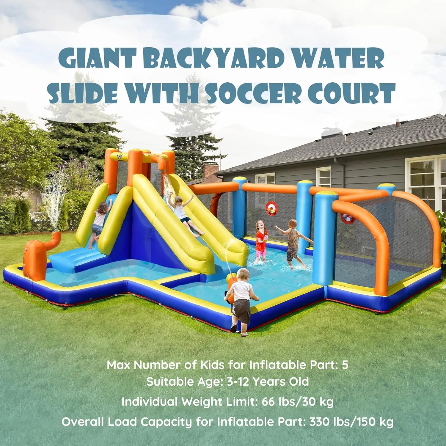 BOUNTECH Inflatable Water Slide, Kids Water Park Jump Castle Water Soccer with Dual Cannons, Splash Pool, Water Slides Inflatables for Outdoor, Backyard Party Water Slide Bounce House for Big Kids