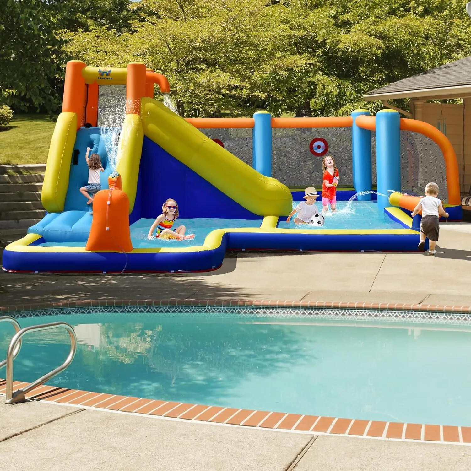 BOUNTECH Inflatable Water Slide, Kids Water Park Jump Castle Water Soccer with Dual Cannons, Splash Pool, Water Slides Inflatables for Outdoor, Backyard Party Water Slide Bounce House for Big Kids