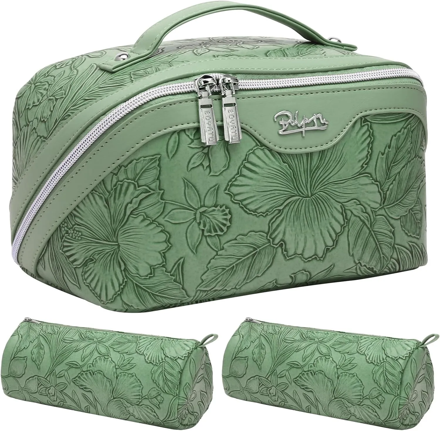 BOYATU Travel Makeup Bags Cosmetic Organizer Bag: 3-Set Large Capacity Make up Bag - PU Leather Toiletry Bags for Women - Wide Open Portable Pouch with Divider & Handle (03-Green-2)