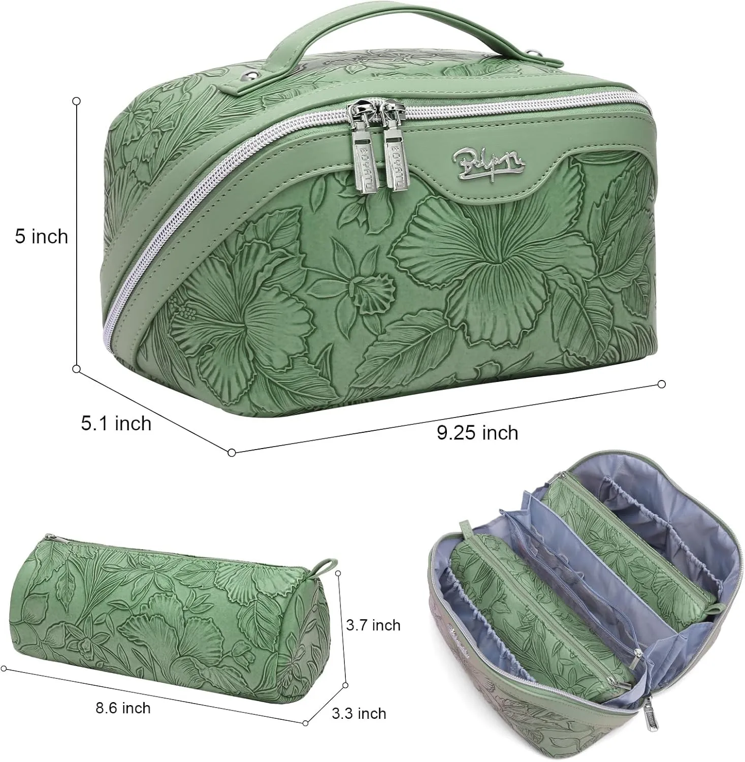 BOYATU Travel Makeup Bags Cosmetic Organizer Bag: 3-Set Large Capacity Make up Bag - PU Leather Toiletry Bags for Women - Wide Open Portable Pouch with Divider & Handle (03-Green-2)